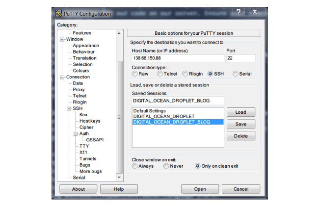 PuTTY Configuration for the Digital Ocean Droplet